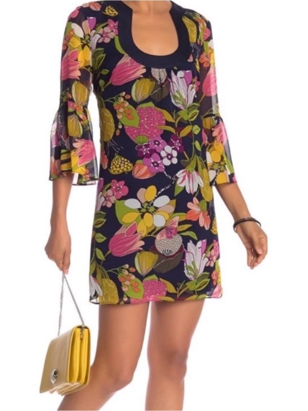 Trina Turk Bonita Silk Print Mini Shift Dress Bell Sleeves Retro Size Large